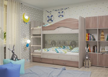 Детская 2-ярусная кровать Мая с 2 ящиками на щитах, корпус Шимо светлый, фасад Шимо темный в Калуге
