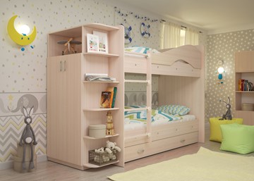 Двухэтажная кровать Мая на щитах со шкафом и ящиками, цвет Млечный дуб в Калуге