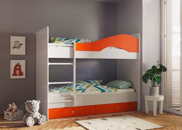 Двухэтажная кровать Мая с 2 ящиками на щитах, корпус Млечный дуб, фасад Оранжевый в Калуге