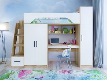 Кровать-чердак детская с шкафом Тея, каркас Ясень, фасад Белый в Калуге