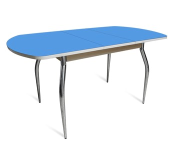 Стеклянный обеденный стол ПГ-01 СТ2, дуб молочный/синие стекло/35 хром гнутые металл в Калуге