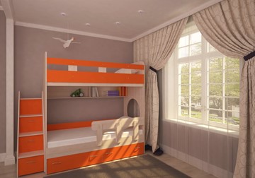 Детская 2-этажная кровать Юниор-1 с бортом, каркас Дуб, фасад Оранжевый в Калуге